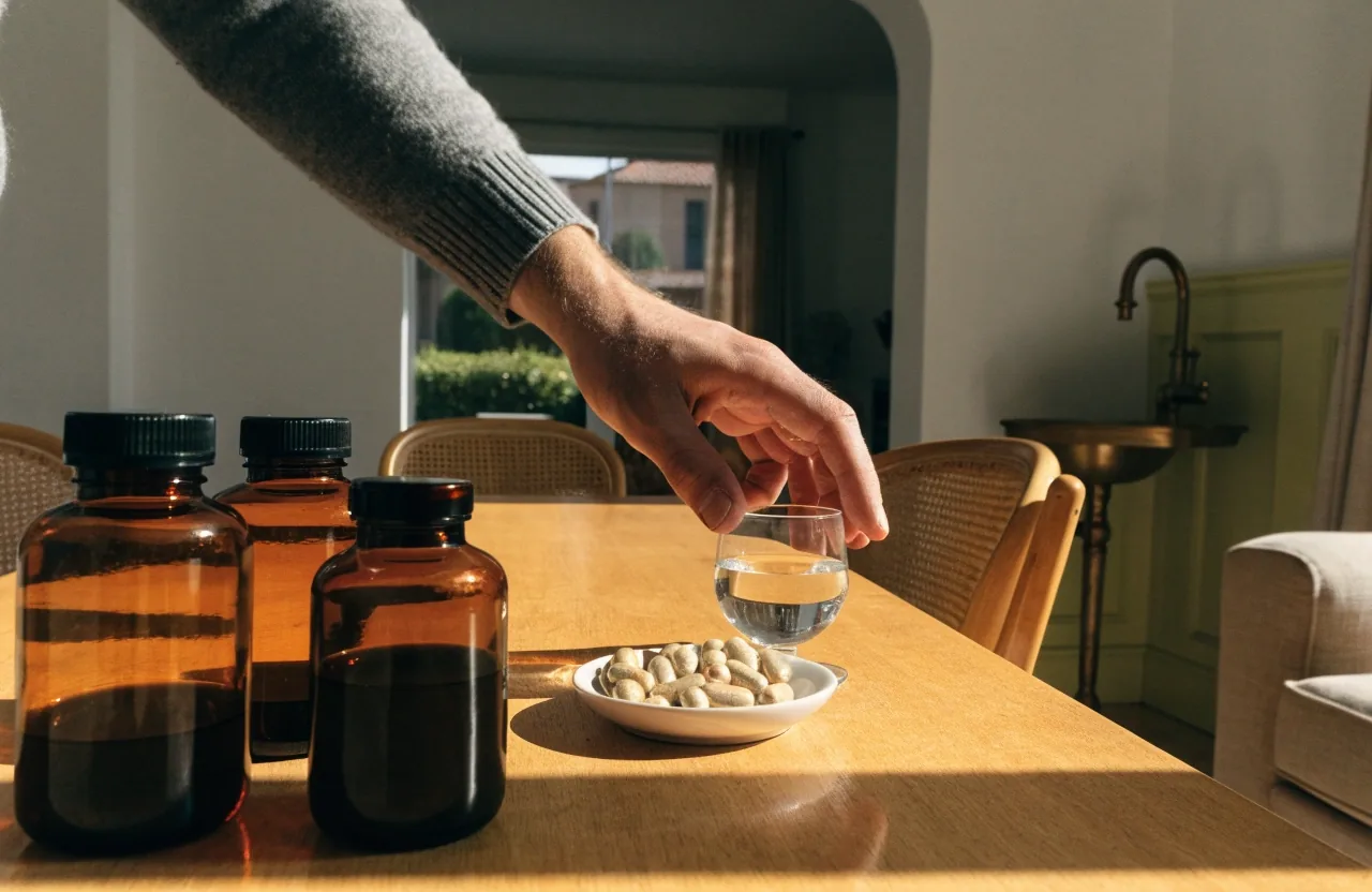 Frascos de suplementos naturales y cápsulas vegetales sobre una mesa junto a un vaso de agua