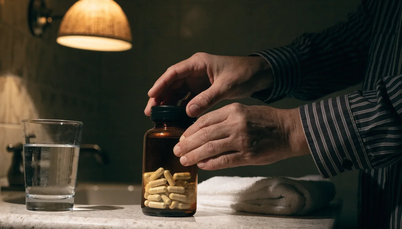 Hombre guardando un frasco de cápsulas vegetales en el baño antes de dormir