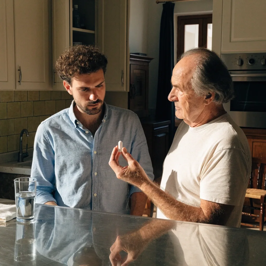 Dos hombres de edades distintas en una cocina luminosa comparando un envase de cápsulas