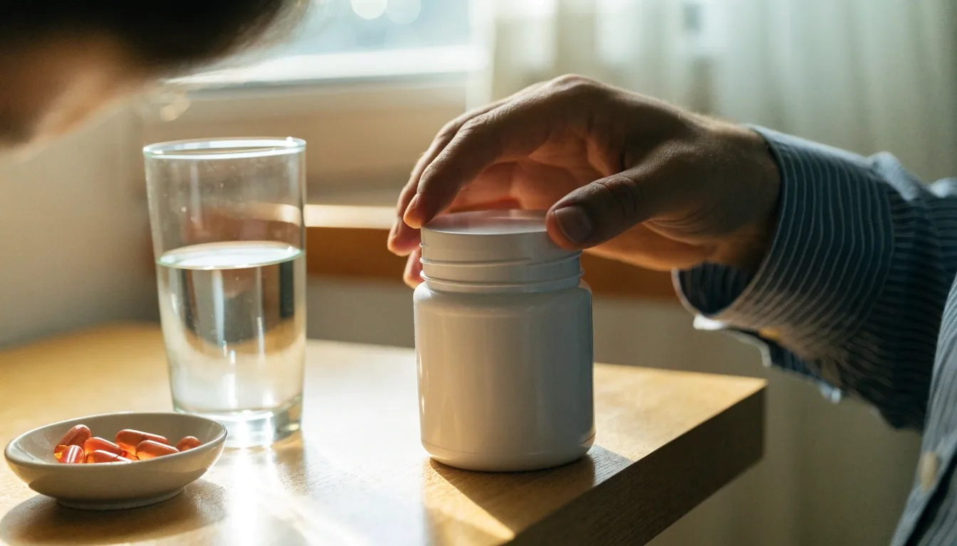Encimera de cocina luminosa por la mañana con un vaso de agua y un frasco cerrado