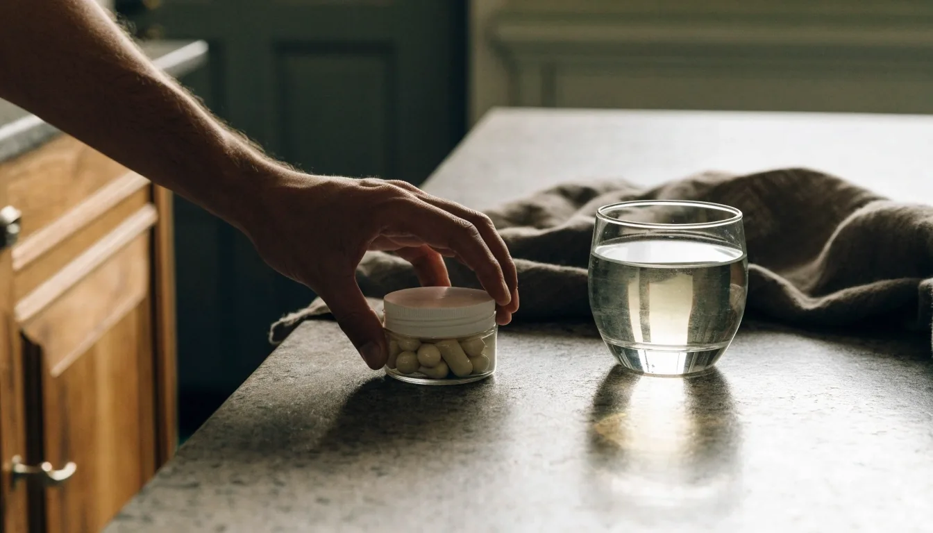 Estante de casa con envases de suplementos sin marca y una tela de algodón bajo luz de tarde