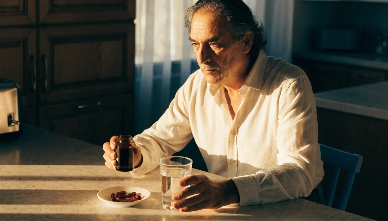 Hombre de mediana edad revisando la composición de un frasco de suplemento en la cocina antes de su dosis diaria