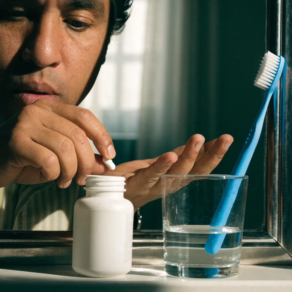 Hombre tomando una cápsula vegetal con un vaso de agua ante el espejo del baño por la mañana