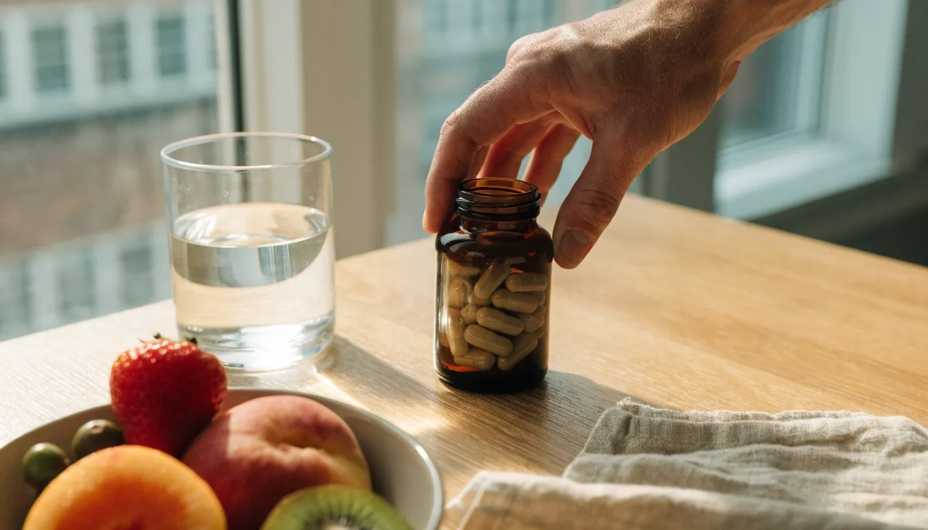 Hombre preparando el desayuno en una cocina luminosa con un vaso de agua y un frasco de suplemento junto al bol