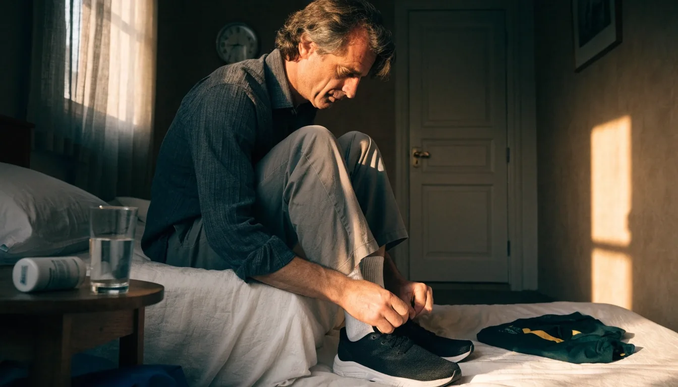 Hombre atándose las zapatillas en el borde de la cama antes de entrenar, con un vaso de agua y un frasco de suplemento en la mesita