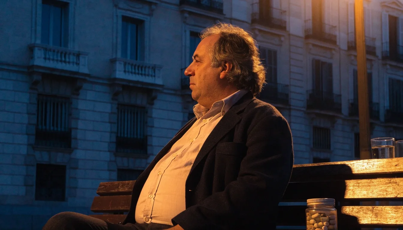 Hombre caminando a última hora de la tarde por una calle de Madrid con una bolsa de la compra