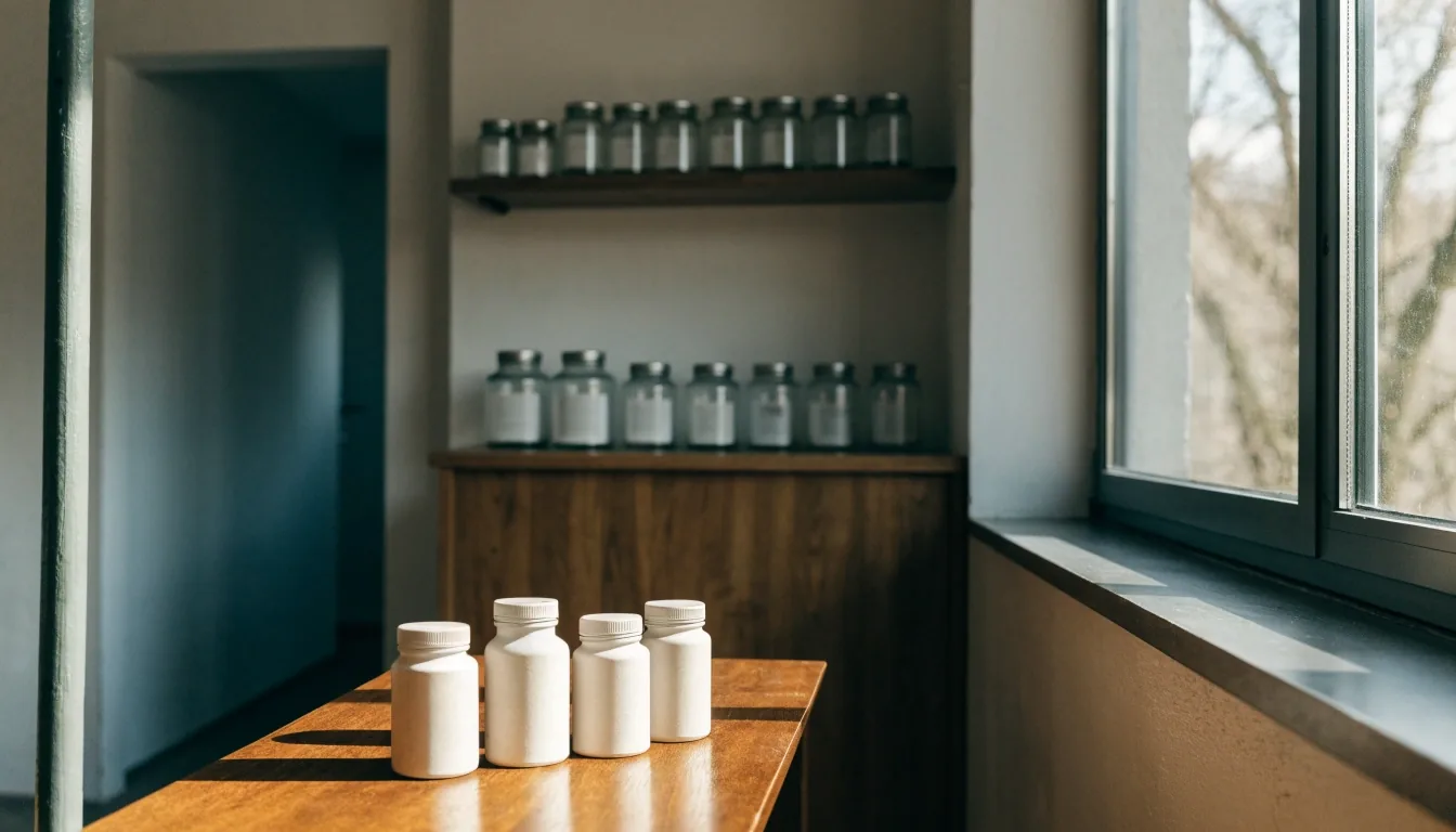 Varios botes de vitaminas sin marca alineados sobre una mesa junto a una estantería de parafarmacia