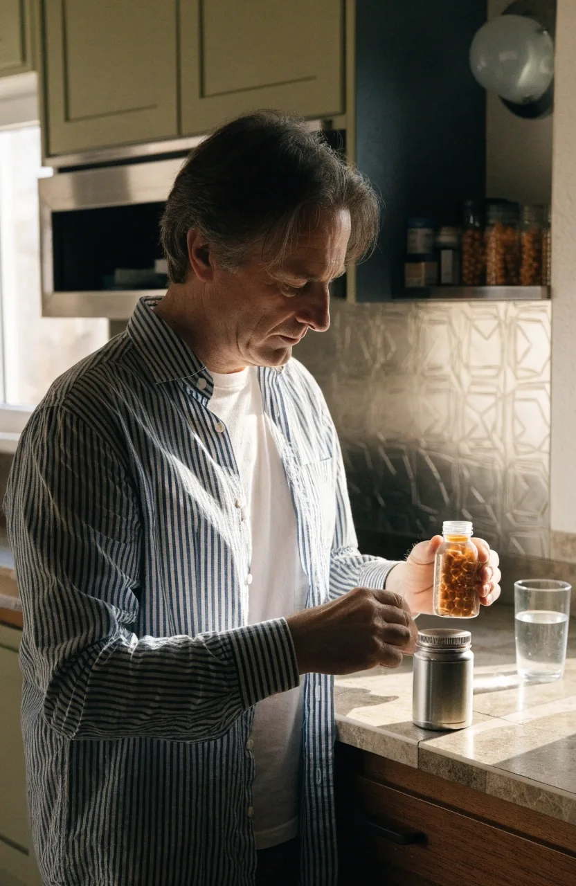 Hombre revisando el envase de un multivitamínico masculino en la cocina de su casa