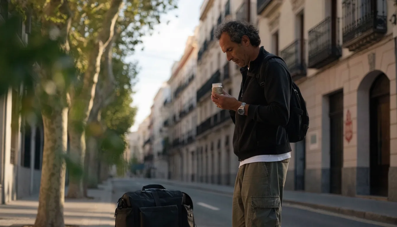 Hombre caminando al amanecer por una calle arbolada de Madrid con una bolsa de deporte